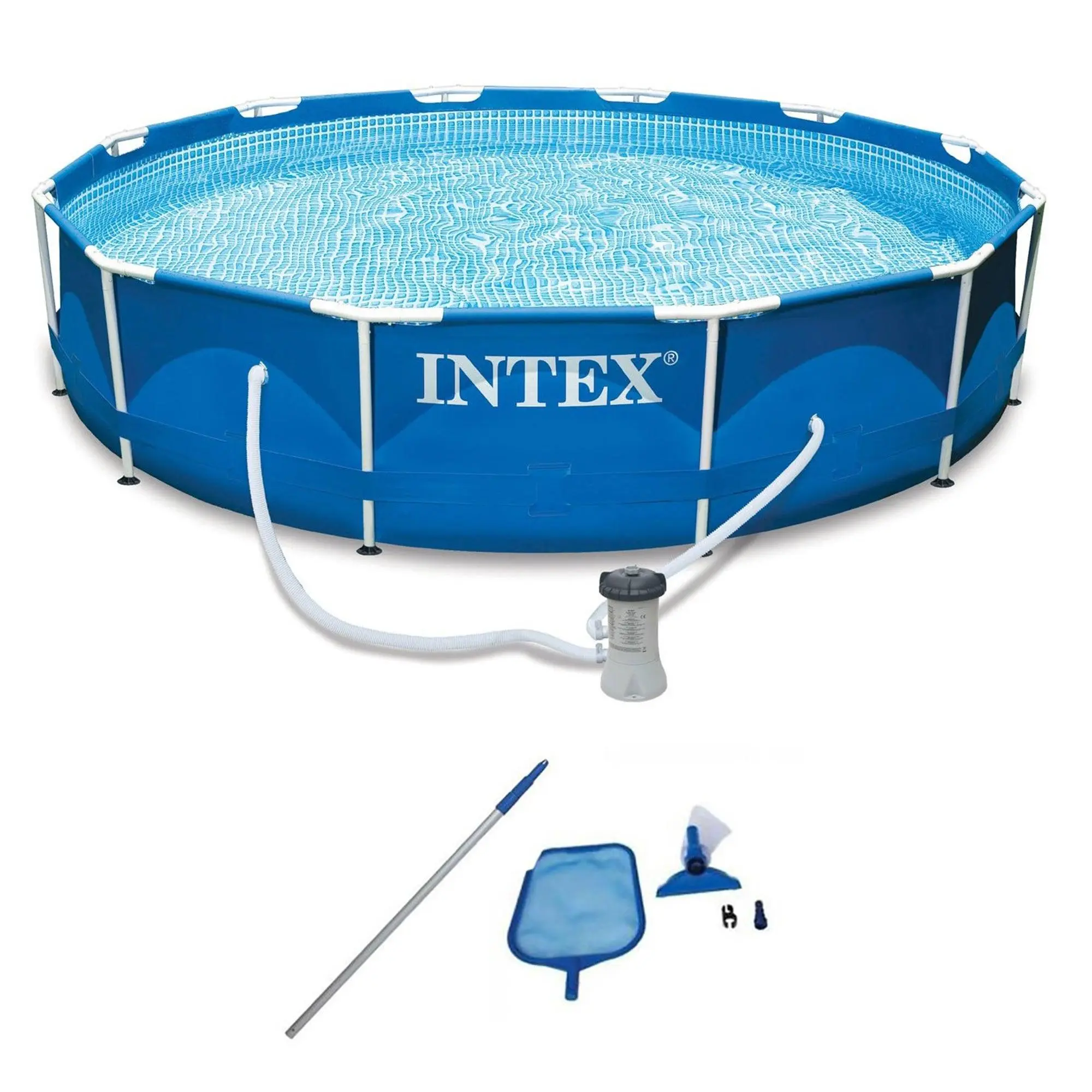 Intex 12' x 2.5' Round Pool w/ Filter Pump & Pool Cleaning Kit w/ Vacuum & Pole Intex 12' x 2.5' Round Pool w/ Filter Pump & Pool Cleaning Kit w/ Vacuum & Pole
