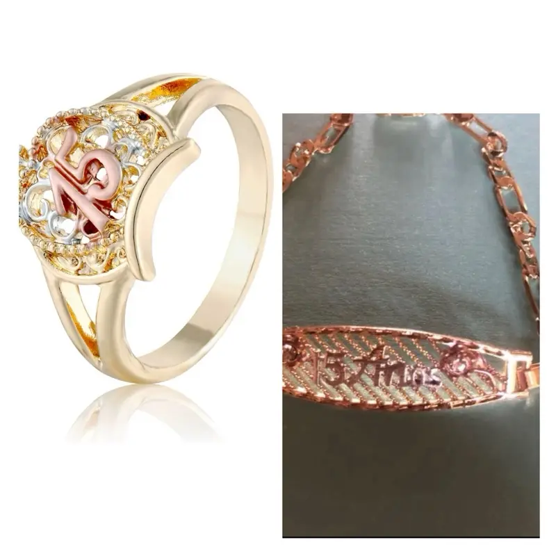 Quince Ring and Bracelet Combo Quinceañera 15th Birthday Special Event 14K Gold Plated Tri Color Set with Gift Box