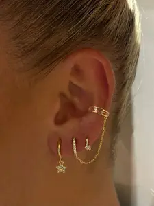 Mini 3-Piece Long Chain Tassel Earrings Set, Elegant Copper with Synthetic Zircon Studs, Perfect for All Seasons