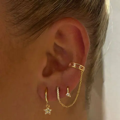 Mini 3-Piece Long Chain Earring Set, Earrings Stack Set, Ear Cuff & Stud Combo, Elegant Copper with Synthetic Zircon, Trendy Jewelry