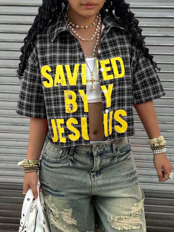 Y2K Style Plaid Button Down Crop Top Blouse for Women Vintage Streetwear Retro Fit Short Sleeve Graphic Design Saved By Jesus