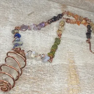 Natural Quartz Point Necklace with rainbow chip beads, Copper Wire Wrapped Jewelry, Raw Crystal Jewelry, Real Copper,  Chakra Jewelry, Rainbow