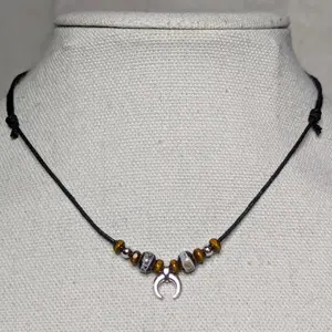 Tiny Crescent Moon Silver Charm Ceramic Boho Hippie Whimsical Adjustable Black Rope Cord Choker Stacking Necklace jewelry