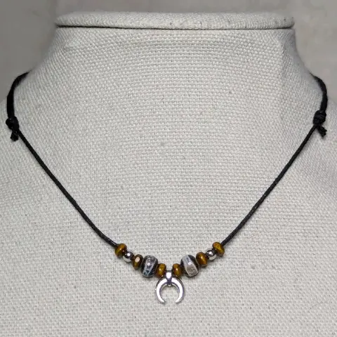 Tiny Crescent Moon Silver Charm Ceramic Boho Hippie Whimsical Adjustable Black Rope Cord Choker Stacking Necklace jewelry