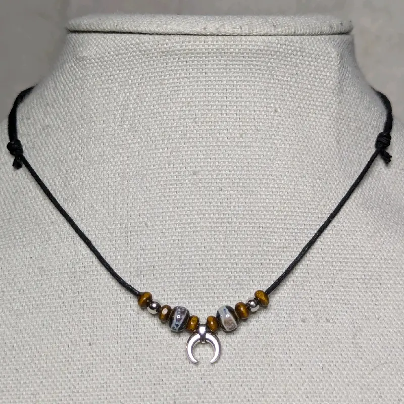 Tiny Crescent Moon Silver Charm Ceramic Boho Hippie Whimsical Adjustable Black Rope Cord Choker Stacking Necklace jewelry