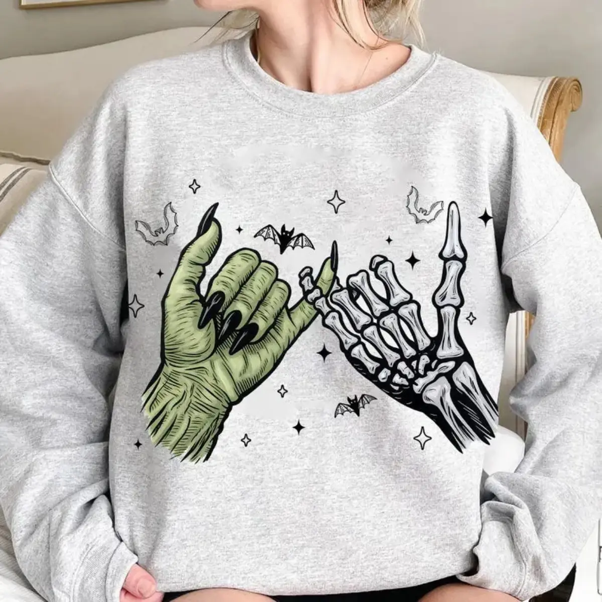 Halloween Witch Hand Sweatshirt, Retro Skeleton Pumpkin Graphic Crewneck, Funny Spooky Season Pullover, Vintage Halloween Vibes, Cozy Fall Gift