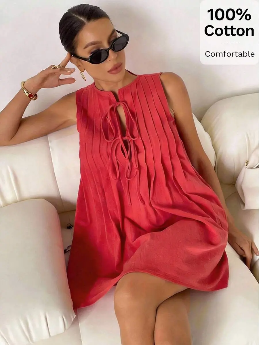 Women's Minimalist Solid-Color Pullover Sleeveless Cotton Smock Dress - Round Neck, Front-Knot, Low Stretch Fit, Basic Casual Mini, Ideal for Christmas Summer Vacation Wear