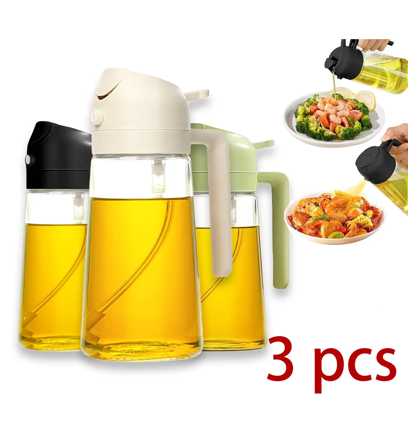 Camp Kitchen 470ml 2-in-1 Glass Olive Oil Sprayer, 3-Count Leak-Proof Dark Green Dispenser for Air Fryer, BBQ