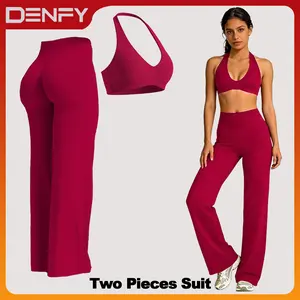 DENFY Two-Pieces Suit Softmotion Minimal Halter Neck Bra&SoftMotion Straight Leg Bottoms Yoga Pants Stretchy Gym Outfits for Fitness Outdoor Daily Wear