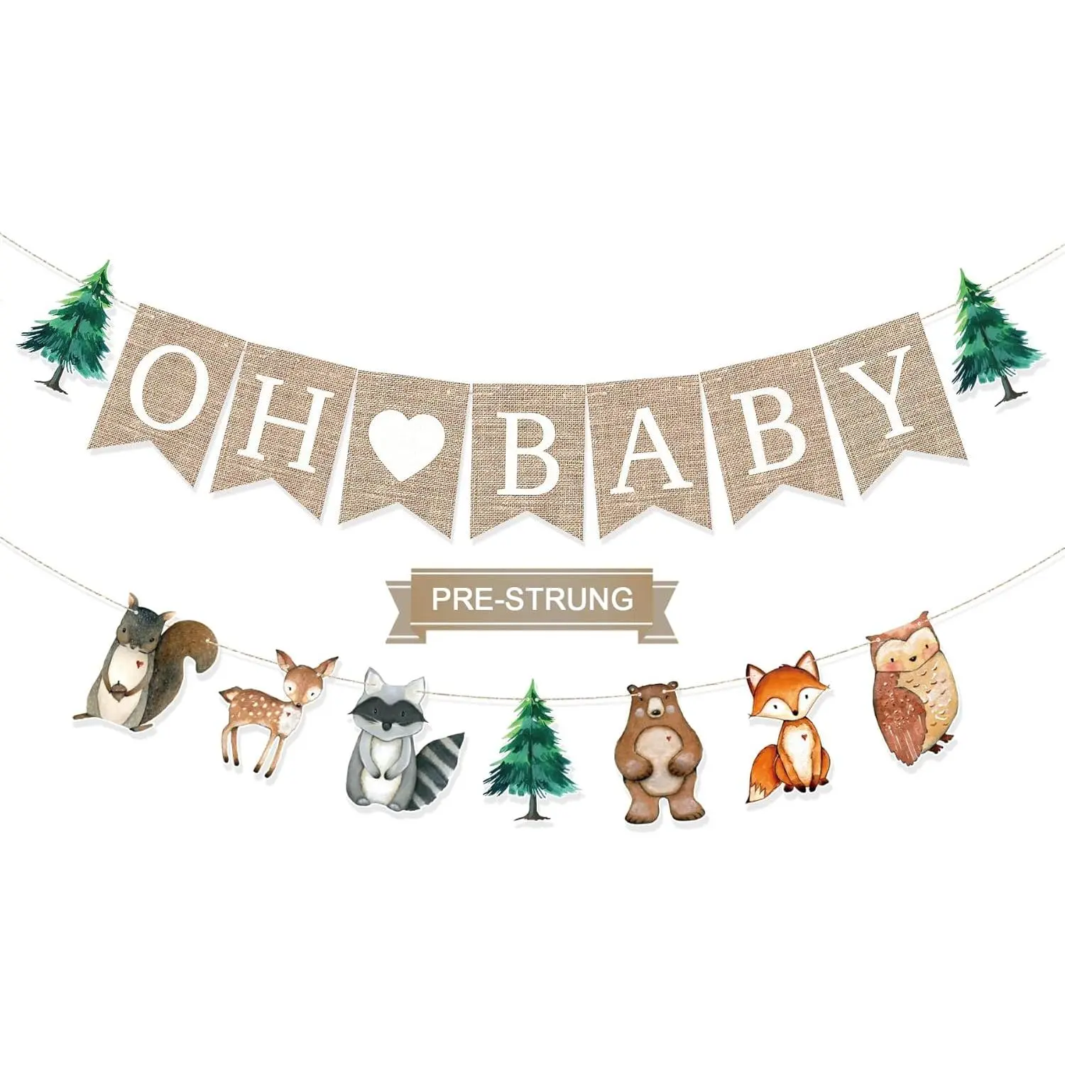 Pre-Strung 6ft Burlap Oh Baby Banner for Woodlands Baby Shower Decorations,Neutral Forest Animals Gender Reveal Party Decor, Multicolor