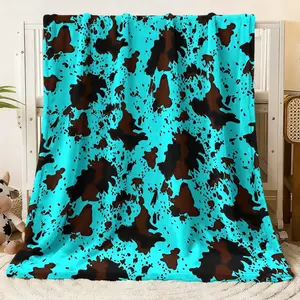 Flannel Blanket, Turquoise & Brown Cow Print Design Soft Cozy Throw, Lightweight Warm Fleece Blanket for Bed Couch Sofa, All - Season Use Home Decor Blanket, Ideal for Adults Kids Bedroom Liv