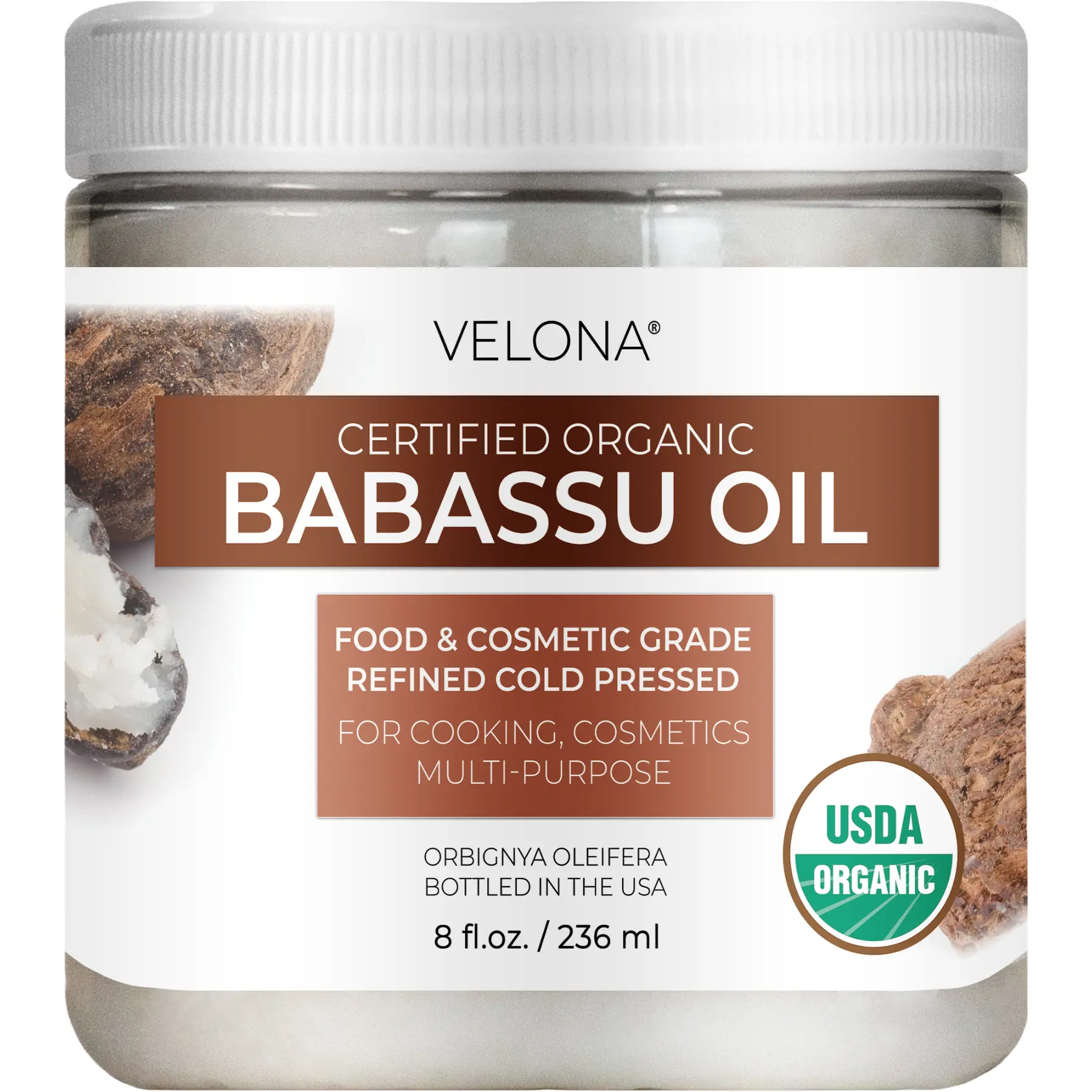 velona Babassu Oil USDA Certified Organic - 8 Fl Oz | 100% Pure and Natural Carrier Oil | Refined, Cold Pressed | Face, Hair, Body & Skin Care and Cooking