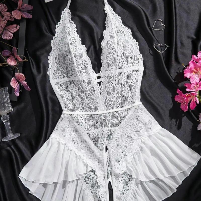 Women's Nylon Lace Halter Teddy Bodysuit - Elegance, Cute, Fantasy, Minimalist, Fitted Natural-Waist Flair, Back Lace-Up, Alluring Bodycon Lingerie, Ideal for Everyday Wear