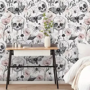 Gothic Skull Self-Adhesive Wallpaper Roll, Butterfly Flower Leaf Pattern Wallpaper, Decorative Wallpaper, Halloween Decoration, Easy Install Waterproof Peel & Stick, Peel And Stick Wallpaper Designs, For bedroom, living room, home decor