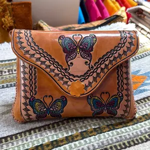 Authentic Leather Butterfly Crossbody Bag Made in Mexico with Colorful Butterfly Design and Intricate Patterns