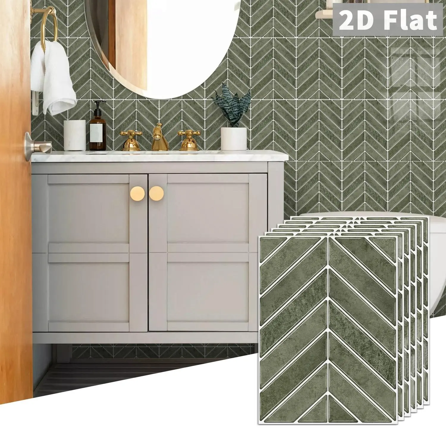 10 PCS GST Olive Green Herringbone PE Crystal Foam Tile Stickers, Waterproof Oil-Proof Anti-Collision Self-Adhesive Tiles Sticker Wall Decals for Kitchen Bathroom Ceiling Old Wooden Boards