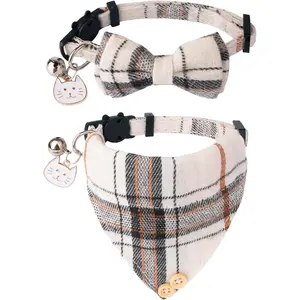 Plaid Cat Collar with Bow Bandana - 2 Pack Breakaway Kitten Collar with Removable Bowtie Bell Plaid Cat Bowtie Bandana Collars for Cats Kittens (Beige)