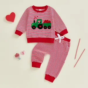 Toddler Baby Boy Valentines Day Outfits Truck Heart Embroidered Long Sleeve Sweatshirt with Stripe Pants Spring Winter 0-3 Years