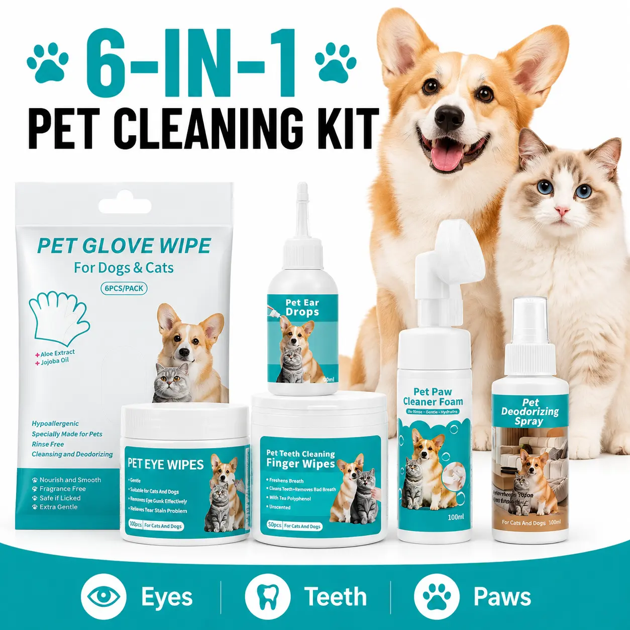 6-in-1 Pet Cleaning Kit for Dogs & Cats - Pet Glove Wipes, Dental Wipes, Eye Cleaning Wipes, Ear Cleaner, Paw Foam & Pet Deodorizer