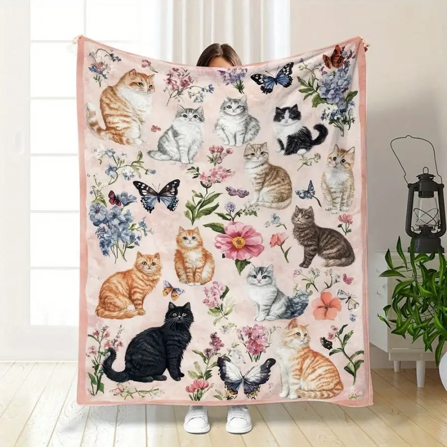 Cute Cat Flower Butterfly Blanket | Soft Skin-Friendly No Shedding | Orange Cat Design | Kids Room Bedroom Floor Mat