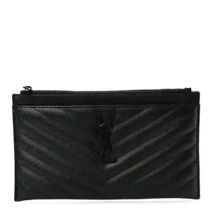 Pre-owned Yves Saint Laurent Leather Small Leather Goods Grain De Poudre Chevron Monogram Bill Pouch Black