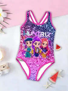 Girls Kpop Series Glitter Qq Version Group Print Jumpsuit, Cross-Back Sleeveless Swimsuit, Casual Fashion Beach Pool Water Sports Gift