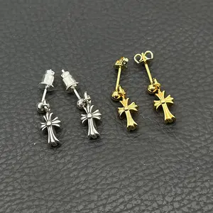 High-end 22K gold cross earrings for men and women, vintage cross flower earrings, classic style, gothic style