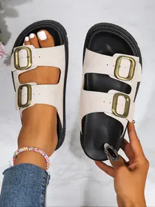 Women's Casual Flat PU Leather Sandals, Comfortable Slip-On Shoes for Home Wear, Beach Vacation, Outdoor Activities, Simple Design