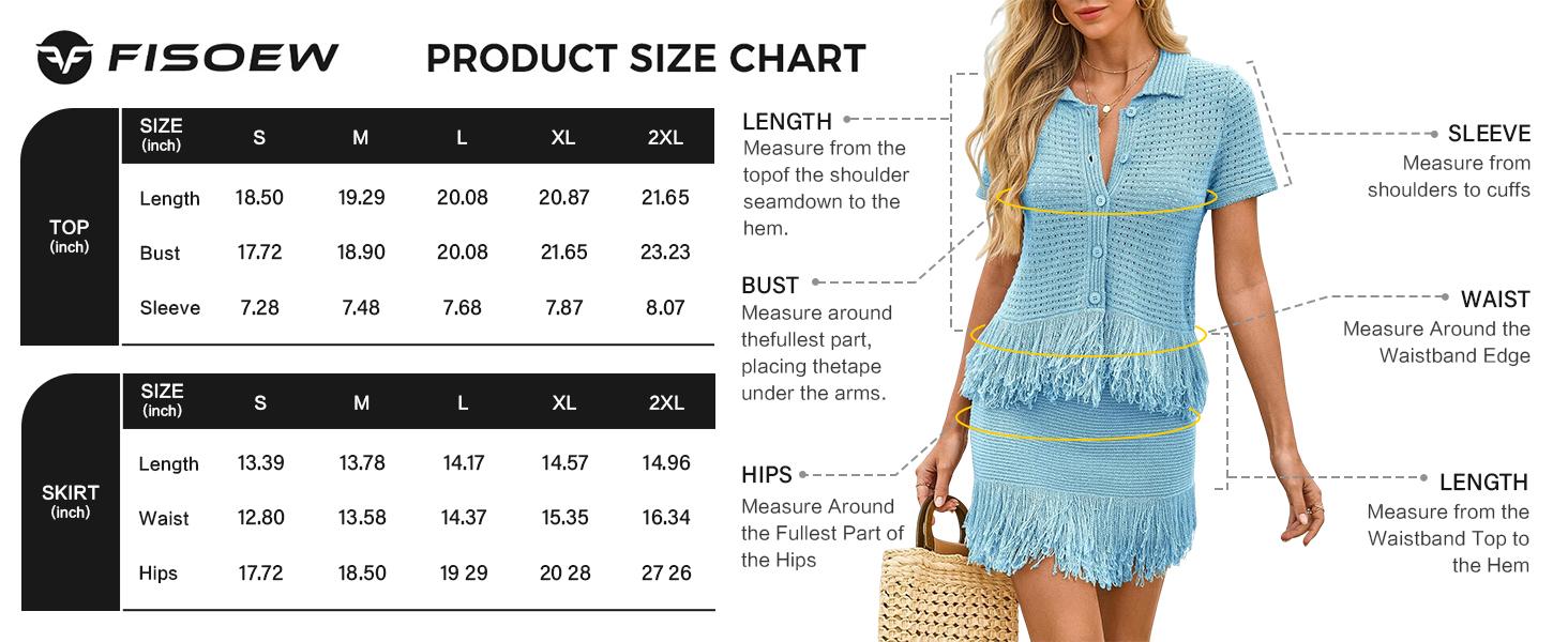 Fisoew Womens 2 Piece Crochet Outfits Short Sleeve Button Knit Sweater Tops Fringe Skirt Summer Vacation Sets Beach Cover Ups