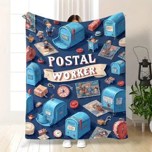 1pc Postal Worker Theme Flannel Blanket |   Postal Motifs (Mailbox, Stamp, Vintage Machinery) In BlueRedWhiteBlackGray, Soft Lightweight Throw Home, Office, Or Postal Enthusiasts - All-Season Cozy Decor - ZZTM11, 2D Flat, Birthday Mother's Day Size