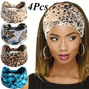 4Pcs/Set Butterfly & Tropical Leaf Pattern Headbands Elastic Soft Hair Wraps for Yoga Workout