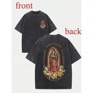 Washed Pure Cotton T-Shirt, Men'S Casual Fashion, With Dark 'VIRGEN DE GUADALUPE' And Religious Figure Prints, Outdoor Sports T-Shirt |   Loose Fit |   Soft Knitted T-Shirt