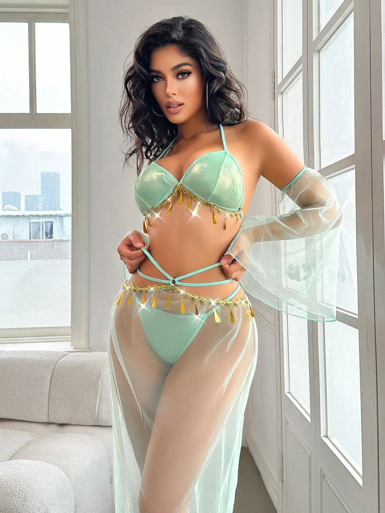 Green Princess Jasmine Costume Lingerie, Metallic Top with Sheer Skirt & Sleeves,nap dress,bra and sheer blouse,bras,clothes haul,curvy,altgirl,rave outfit,lenceria sexi mujer  altgirl rave outfit cool girl outfits