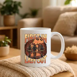 First In Last Out Firefighter Mug, Fireman Coffee Mug, Funny Fire Rescue Ceramic Cup, Gift for Firefighters & First Responders