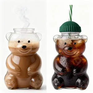 Aesthetic Bear Face Glass Cup with Lid & Straw (20oz) - Your New Emotional Support Cup for Home Cafe, Iced Lattes & Matcha - Durable Borosilicate Glassware - Cute Everyday Drinkware & Birthday Gift