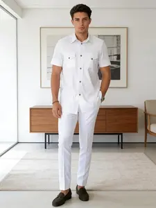 Men's Two-Piece Set, Short Sleeve Button-Up Shirt & Matching Long Pants, Classic Plain Design, Casual Fit, Comfortable Wear, Outfit