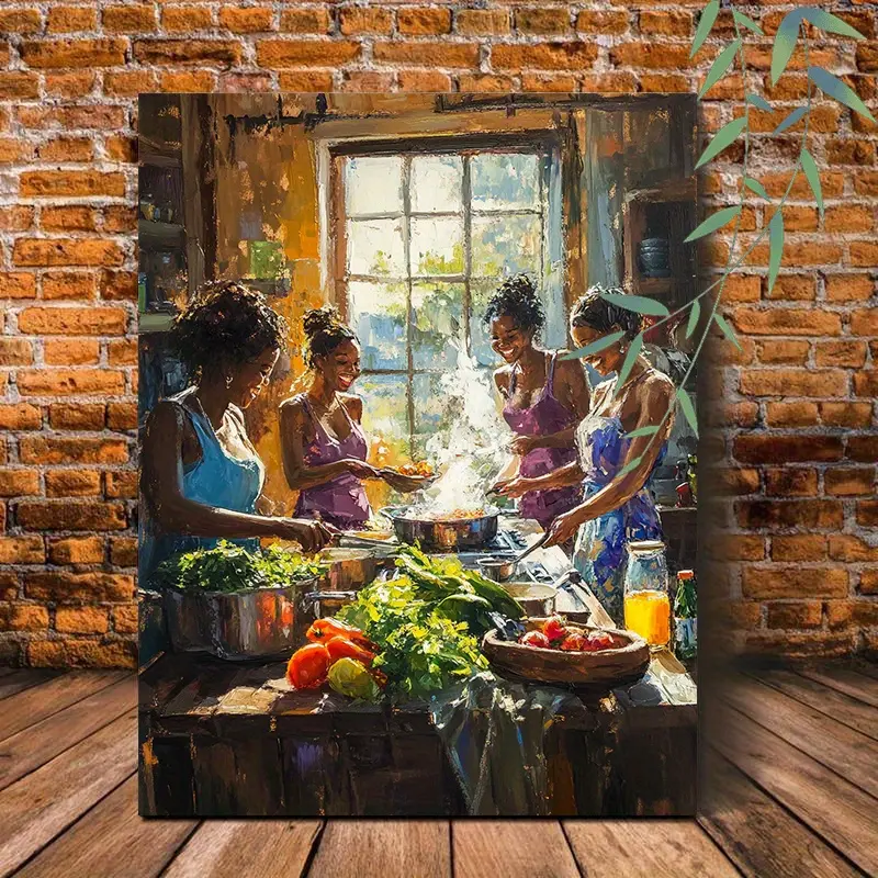 Framed Wooden Canvas Painting - Artistic, Colorful Designs Female Cooking Kitchen Scene Print, Ready-to-Hang Hangable Home Supplies Wall Decoration Gift for Bedroom, Living Room