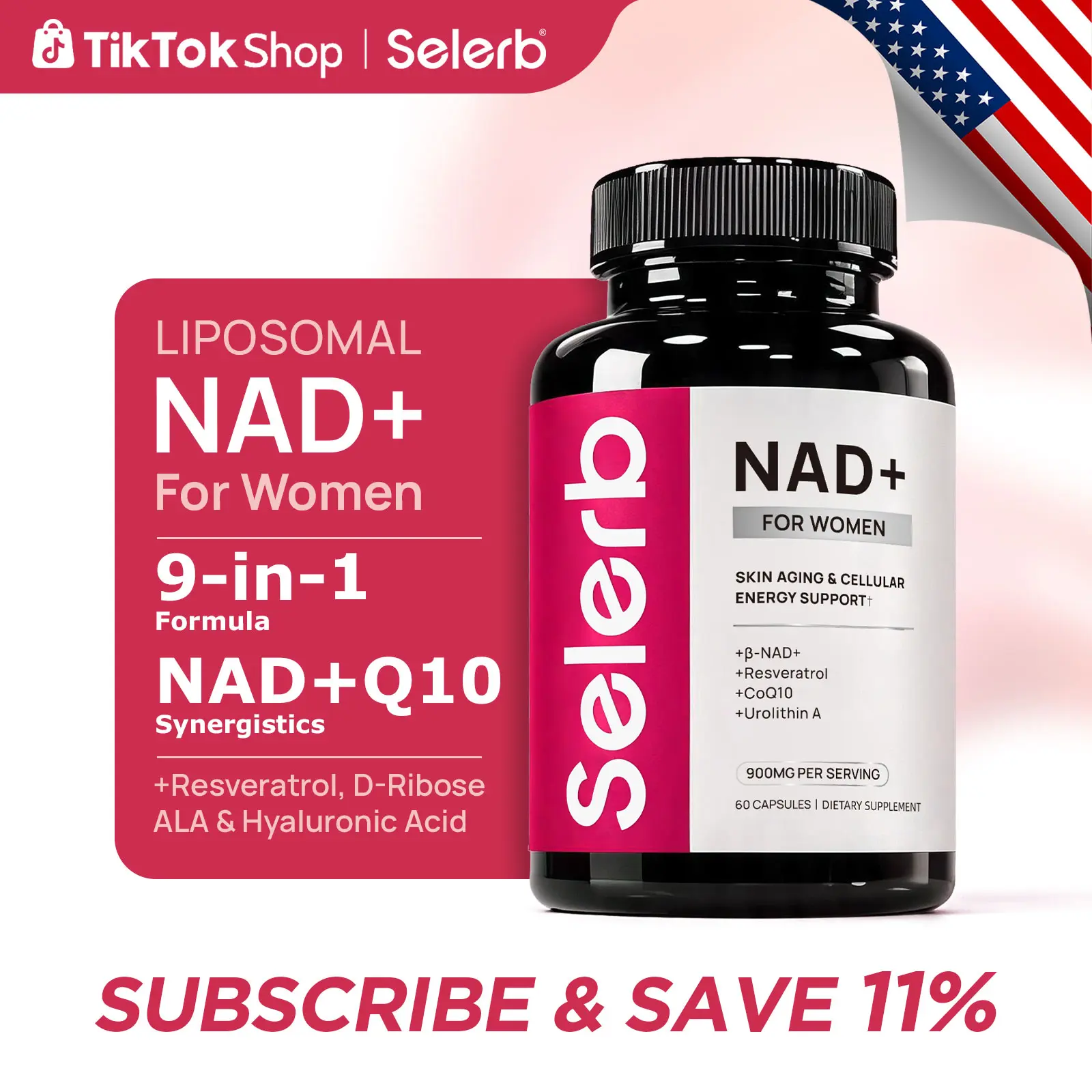 Selerb NAD+ Supplement for Women NMN Alternative Liposomal -β-NAD+, Trans-Resveratrol, CoQ10, D-Ribose - Supports Cellular Renewal, Energy & Skin Health - 60 Capsules Healthy Healthcare Fitness Edible Dietary Vitamins Optimum
