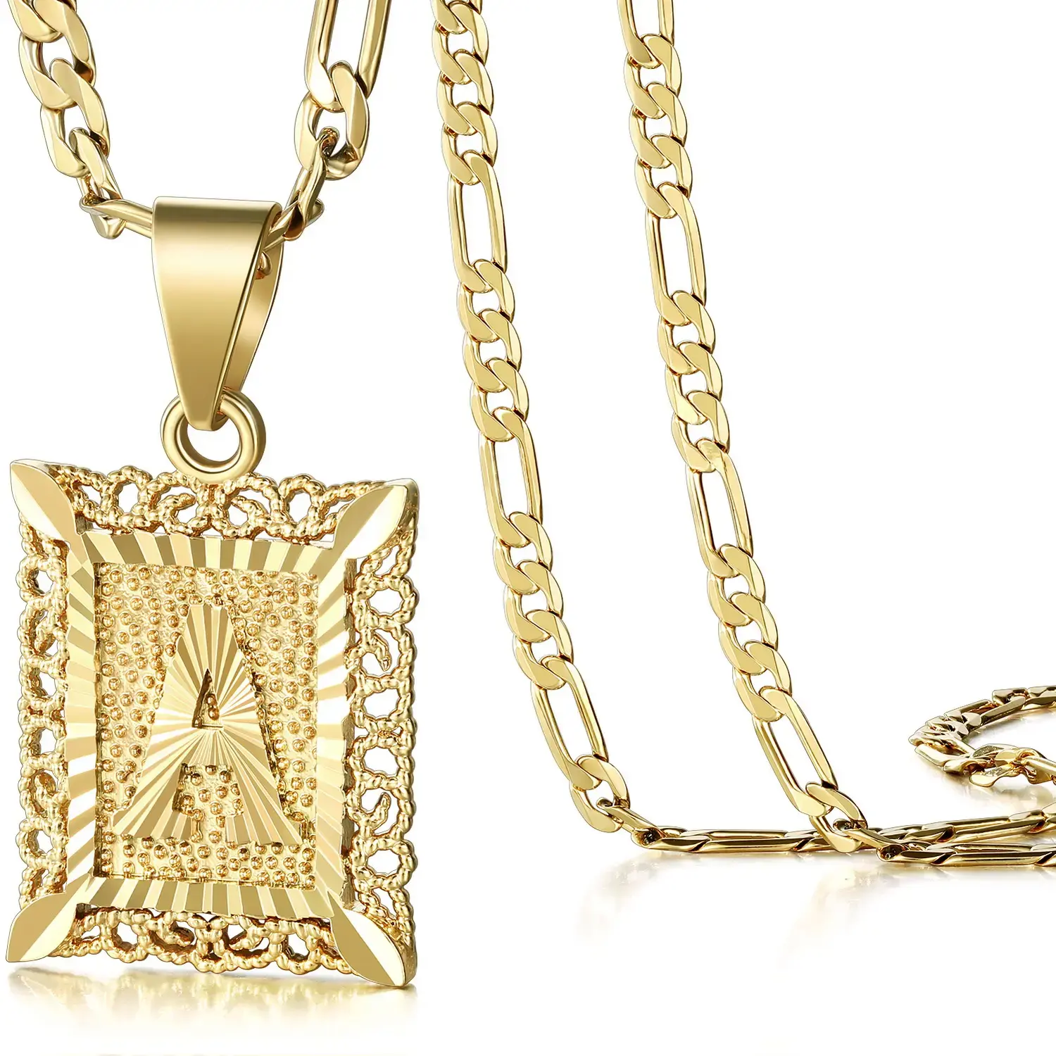 14K Gold Plated Rectangle Initial Letter【Letter X】Pendant Necklace, Vintage Filigree Square Medallion Figaro Chain Necklace, A-Z Personalized Letter Jewelry Gift for Women Men