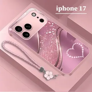 Women's TPU Gradient Glitter Heart Pattern Tempered Glass Smartphone Cover, Shockproof Durable Protection Case with Waterproof Feature & Clover Lanyard, Cute Personalized Luxury Accessory for iPhone 12-17 Series (No Warranty)