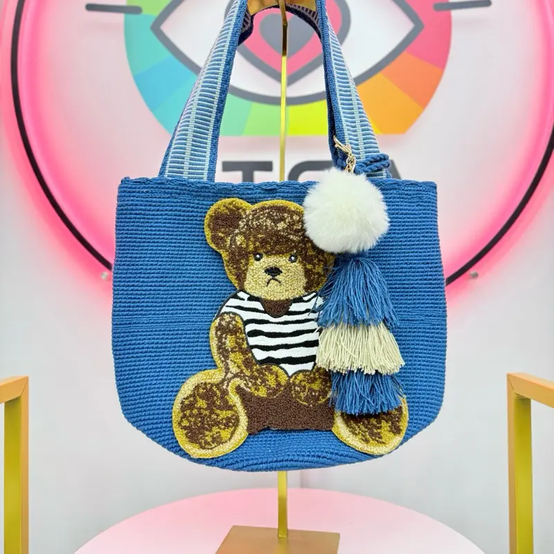 Handmade Teddy Bear Wayuu Tote Bag | Crochet Shoulder Bag with Cute Bear Design | Boho Artisan Handbag for Women