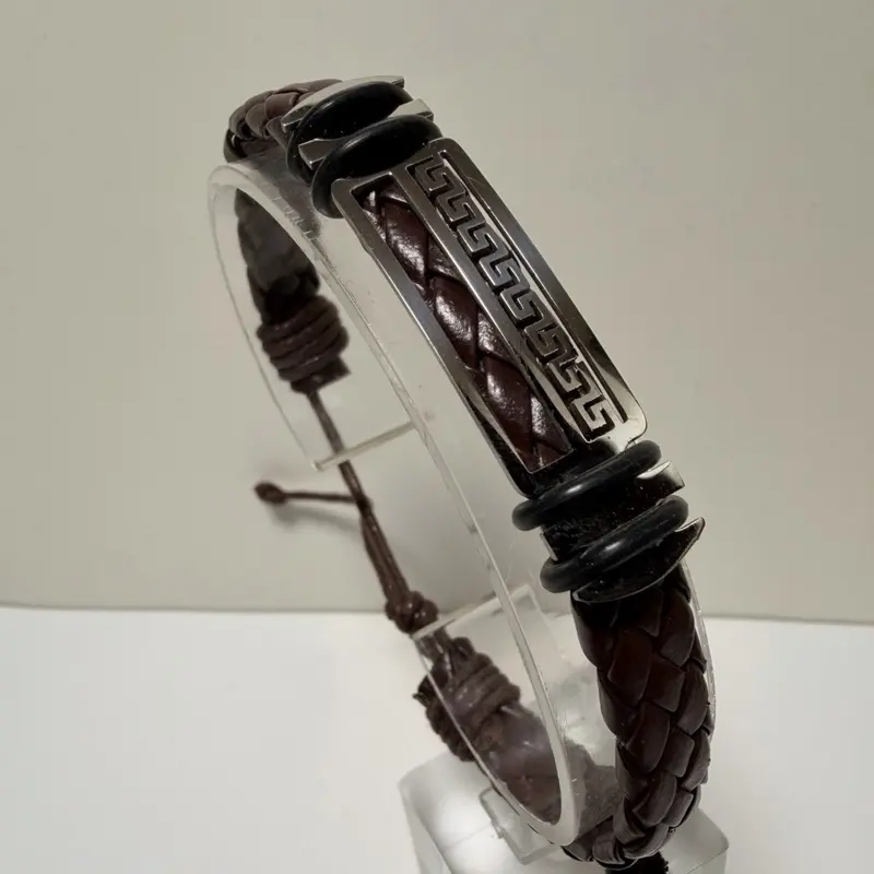 Men’s Braided Leather Greek Key Bracelet - Brown Woven Wristband with Silver-Plated Accent
