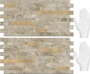 20 Sheets Peel and Stick Backsplash Tile, Stick on Backsplash for Kitchen and Bathroom, Stone Beige Marble Look PVC Mixed Metal  Self Adhesive Wall Tiles