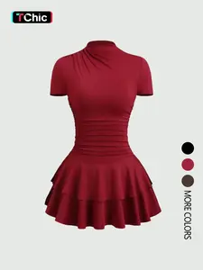 Women's Solid Color Short Sleeve Dress, Elegant Short Casual Wear, Perfect for Daily Use, Stylish and Comfortable Fashion