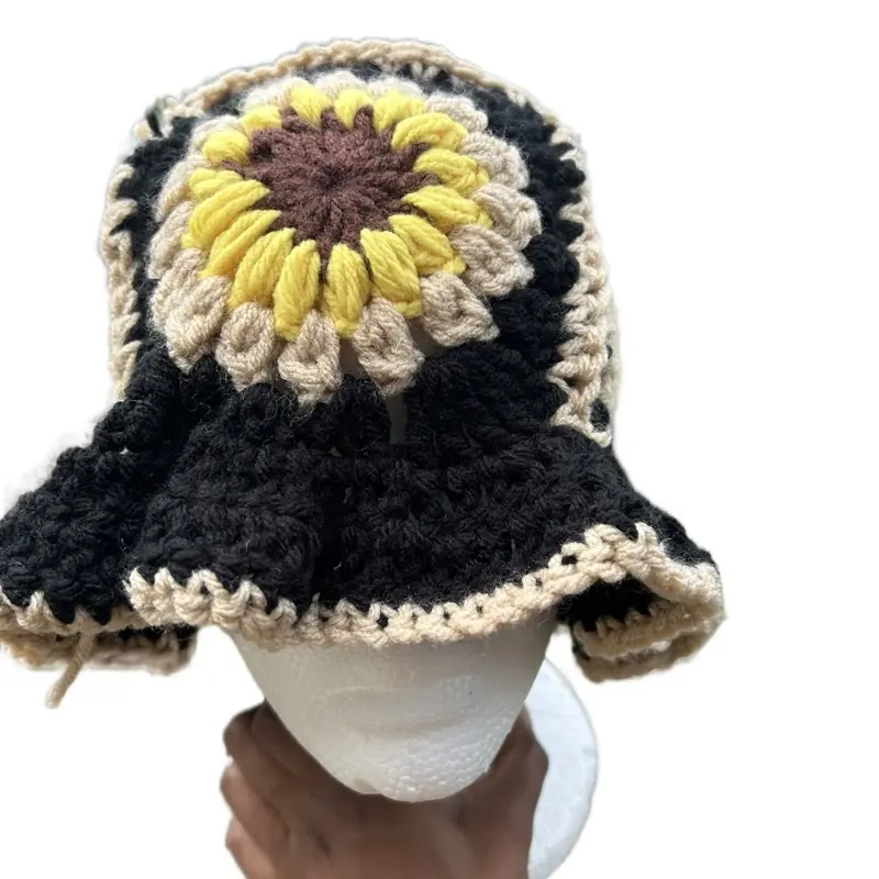 Sunflower Crochet Bucket Hat - Black Beige Yellow Design Handmade Fashion Accessory