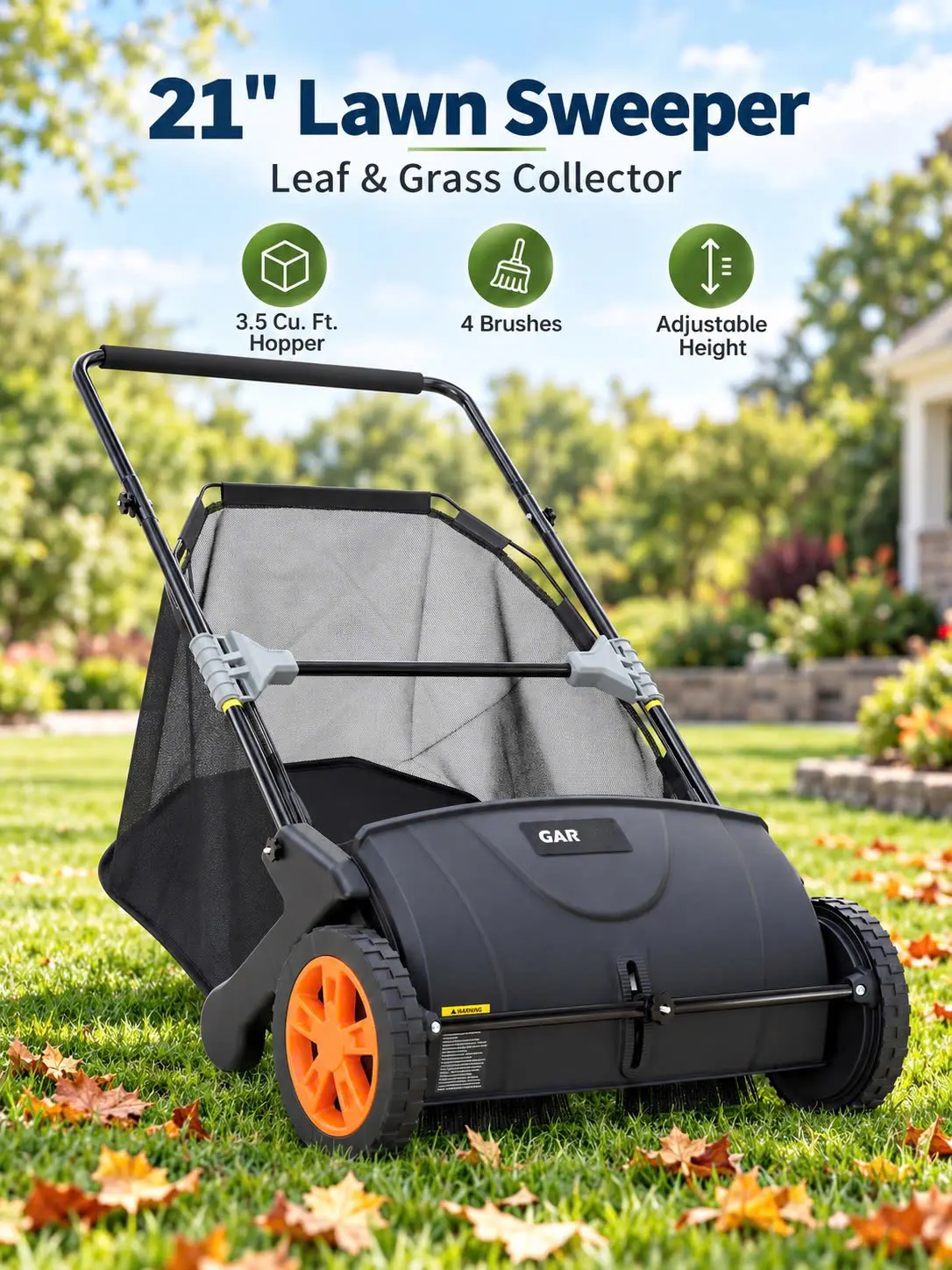 [FLASH SALE] 21-Inch Push Lawn Sweeper, 3.5 Cu. Ft. Leaf & Grass Collector, 4 Rotating Brushes, Adjustable Height, Folding Handle