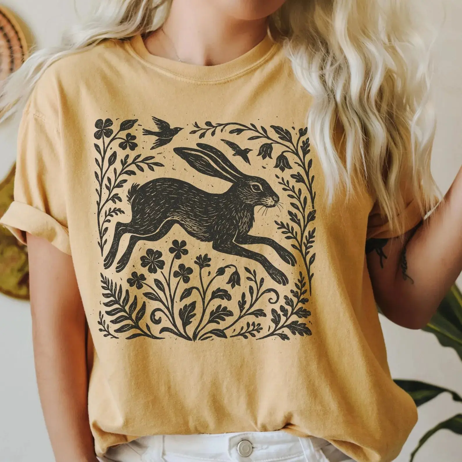 Comfort Colors Wild Hare Linoprint Shirt, Folk Art Forest Animal Tshirt, Vintage Cottagecore Graphic Tee, Witchy Woodland Aesthetic Top