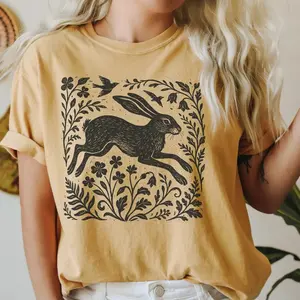 Comfort Colors Wild Hare Linoprint Shirt, Folk Art Forest Animal Tshirt, Vintage Cottagecore Graphic Tee, Witchy Woodland Aesthetic Top