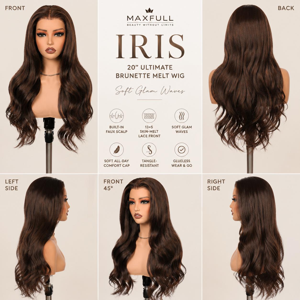 Iris - MaxFull Dimensional Espresso Mocha Wig | Ultimate Brunette Melt Wavy, 20 inches, 13×5 Skin-Melt Transparent Lace Front, Free Part, Built-In Faux Scalp, Natural Looking Wig