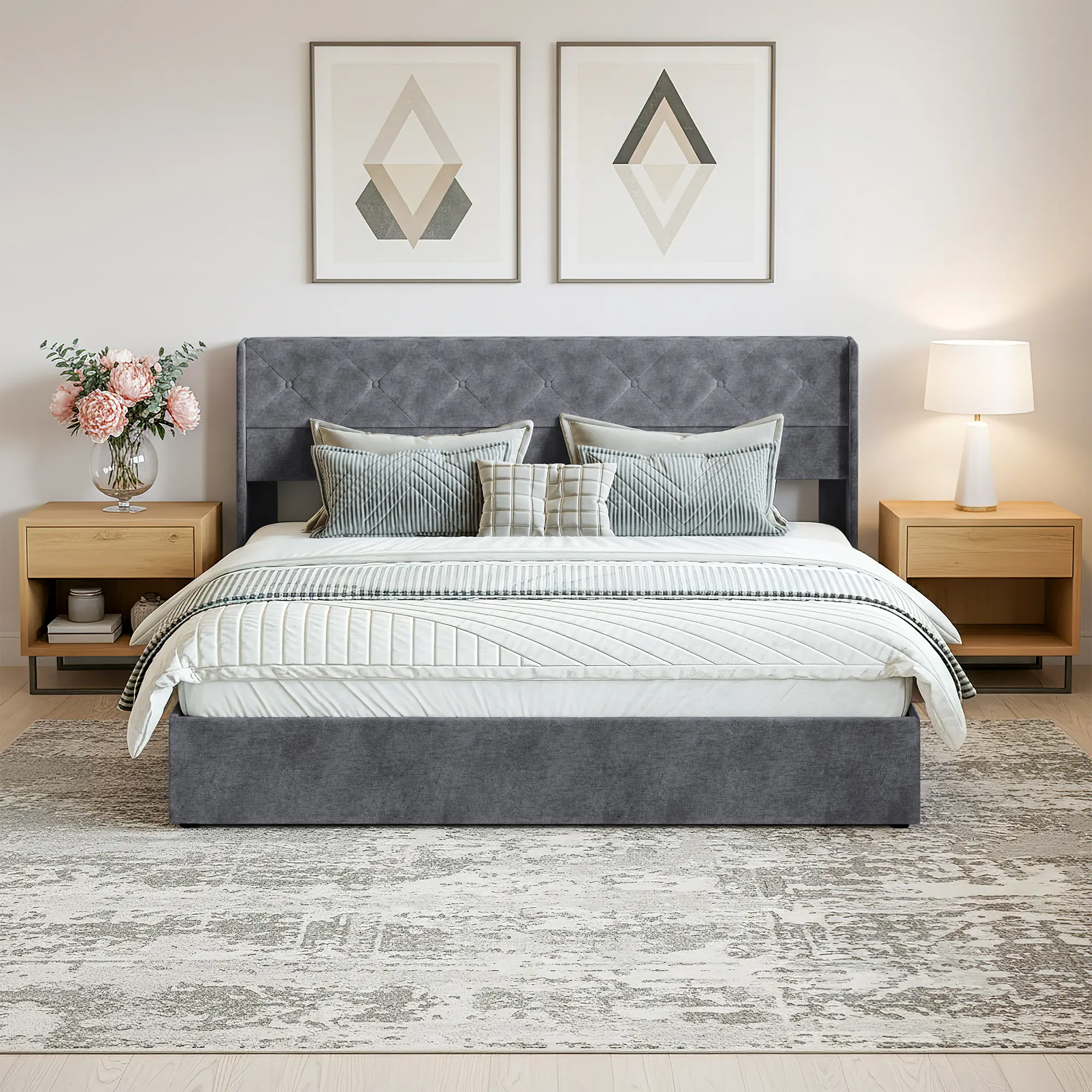 King Size Bed Frame with Storage, Hydraulic Lift Up Storage Bed, Upholstered Platform Bed Frame with Linen Fabric Wingback Headboard, 11 Inch Under Bed Space, Gray
